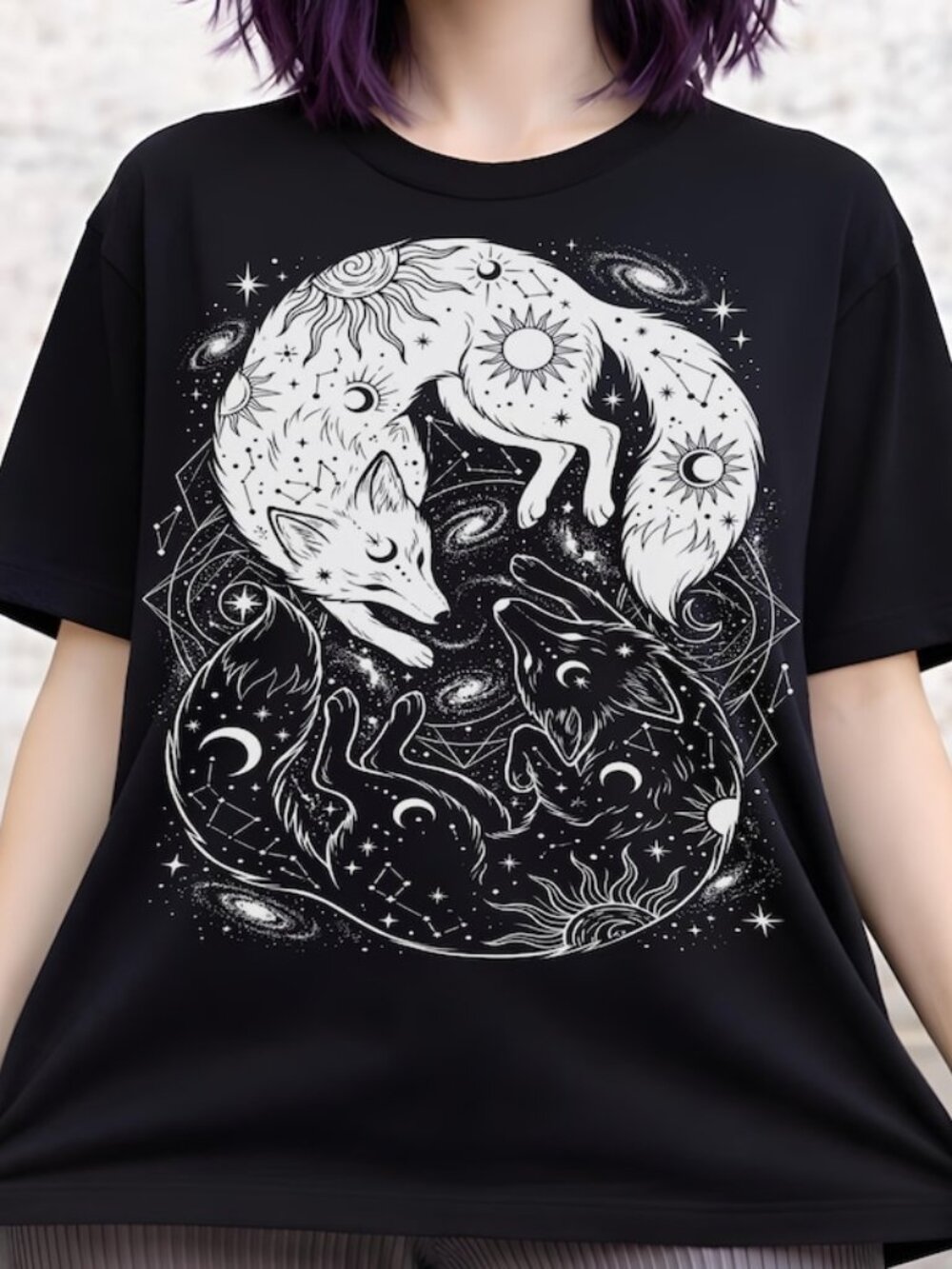 Fox Yin Yang T-shirt, Sun Moon Celestial Graphic Tee
